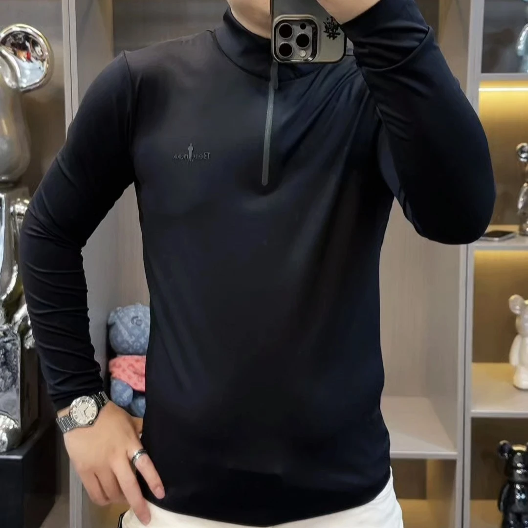 B120男士长袖T恤打底衫百搭网红半高领打底衫高品质轻奢弹力修身