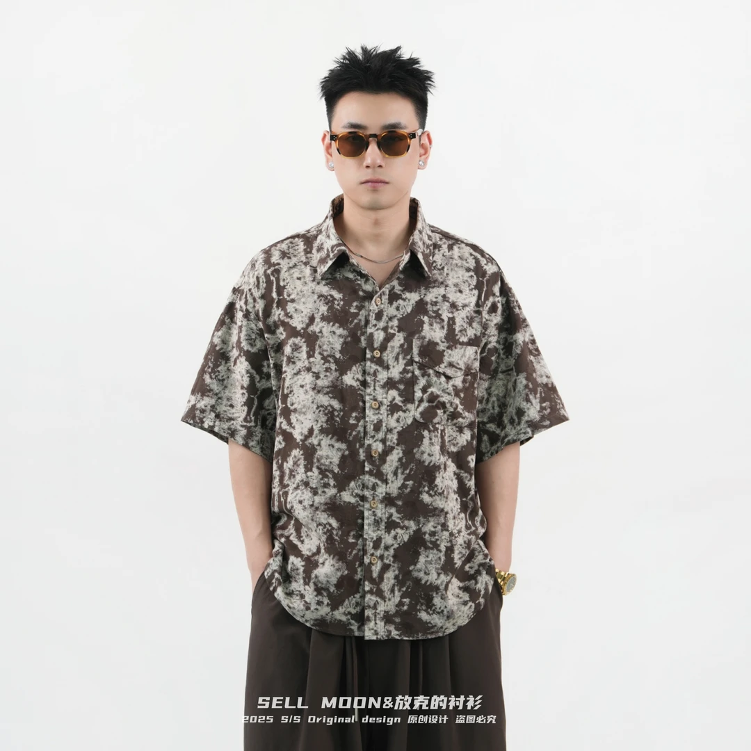 SELLMOON夏季复古港式宽松休闲百搭衬衣男士花衬衫扎染短袖衬衫