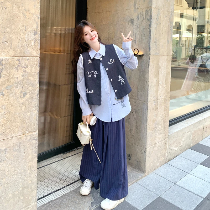 森系小清新刺绣马甲衬衫阔腿裤2025春秋新款韩系ins学院风三件套