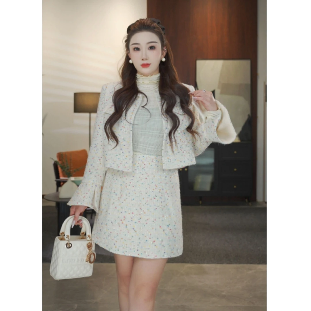 【单色】大码小香风秋冬两件套法式气质感小众设计师重工显瘦套装