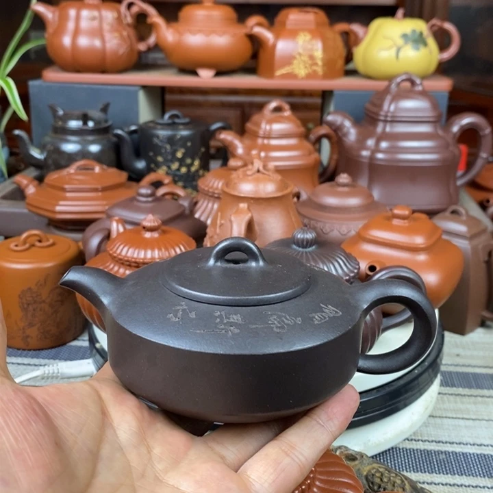 茶壶紫砂曼生扁石200cc原生矿黑料特价