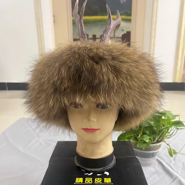 狍子帽鄂伦春狍角鹿角帽防寒保暖真羊皮毛帽子冬季仿真鹿角貉子帽