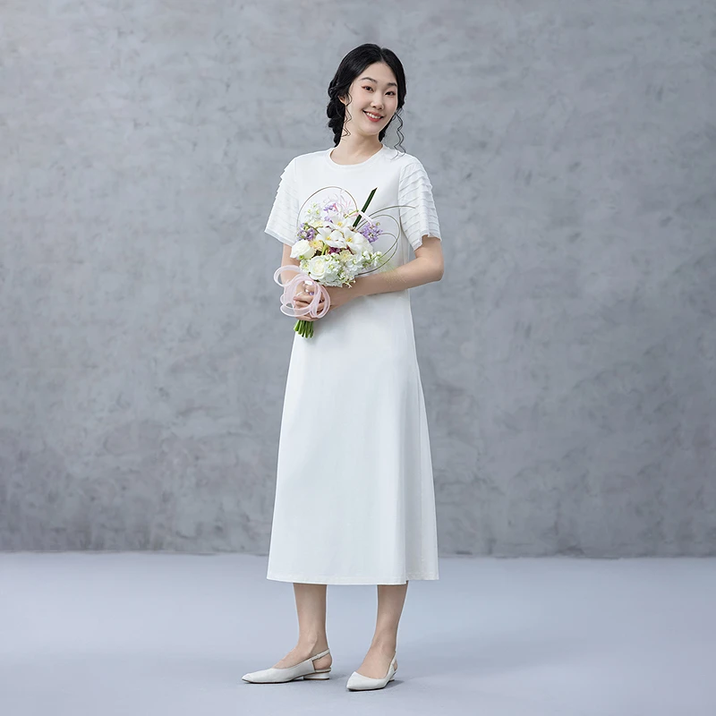 生活在左2025春压褶连衣裙时尚简约百搭宽松显瘦短袖长裙1951170