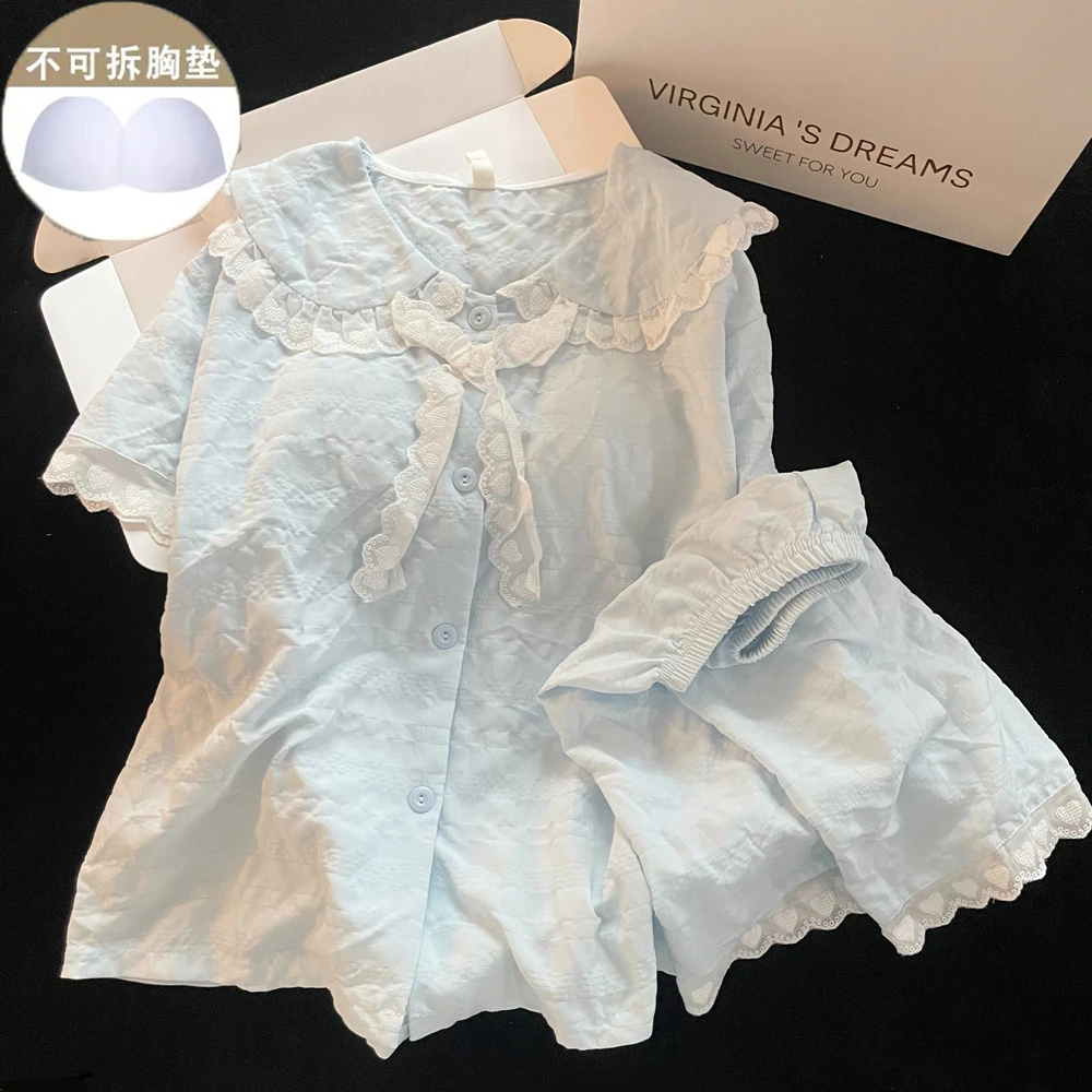 带胸垫睡衣女夏季云朵棉甜美可爱公主风花边少女夏天可外穿家居服