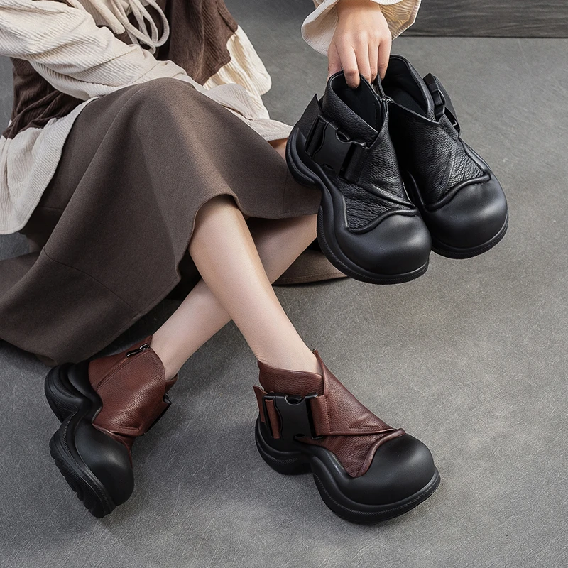 杰骤2025秋冬新款文艺复古圆头侧拉链松糕跟单靴玛丽珍百搭潮女鞋