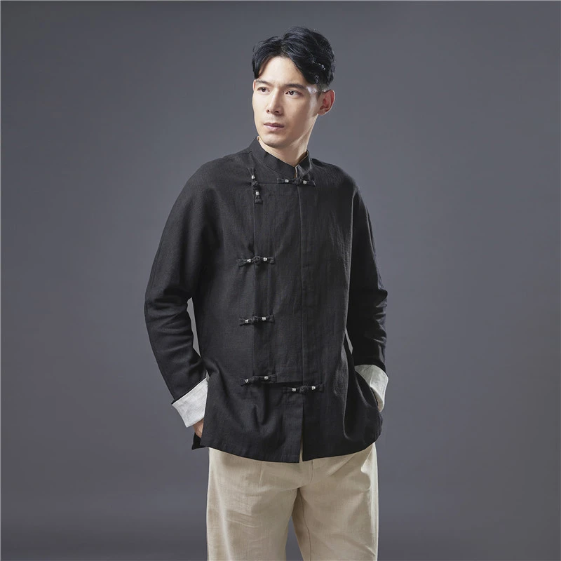 苎麻八支小立领苗银扣点缀可挽袖时尚休闲简约男士民族服装