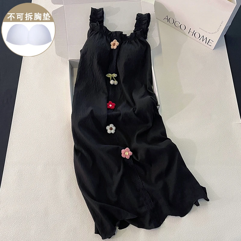 黑色花朵睡衣女款夏季带胸垫吊带睡裙性感小个子学生家居服连衣裙