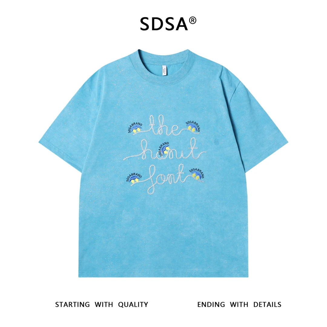 夏季高级感新款男士满天星刺绣字母撞色短袖T恤简约宽松圆领上衣