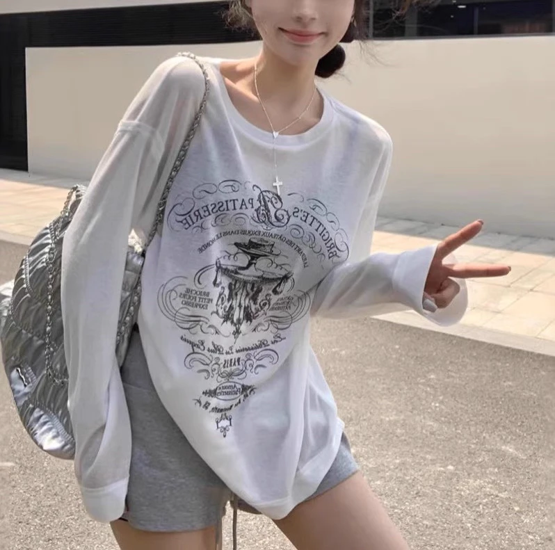 夏季宽松防晒卡通印花圆领长袖休闲T恤新款外穿罩衫