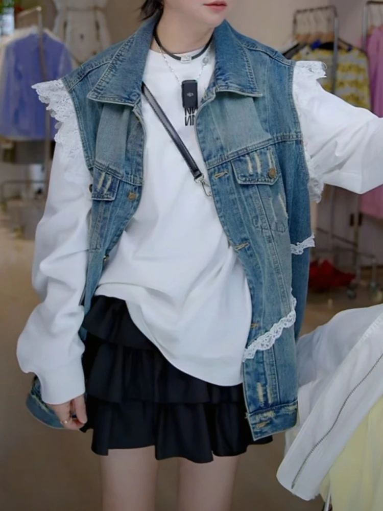 【济州岛】蕾丝拼接 做旧破洞牛仔马甲