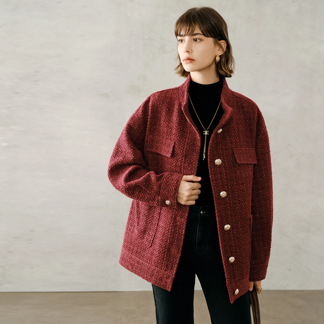 【美丽专属】小香风外套2025时尚安可拉红色气质翻领毛呢大衣