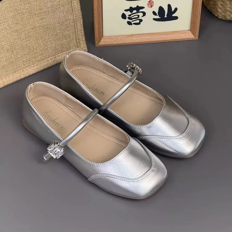 绝美平底法式银色浅口单鞋女2025新款配裙子玛丽珍晚晚鞋051