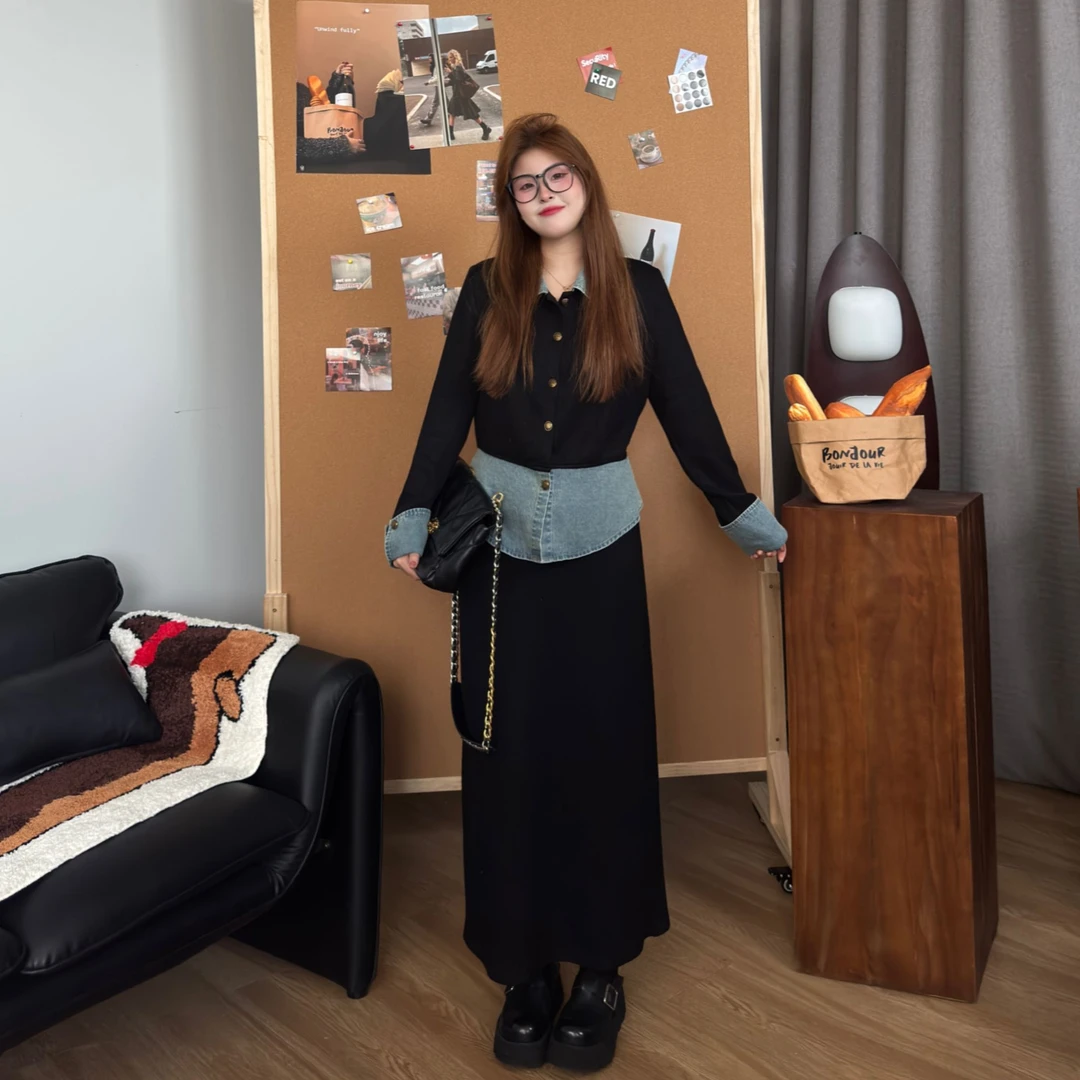 盈盈&南岛风大码女装拼接牛仔开衫上衣春秋胖mm显瘦套装ZYY1462