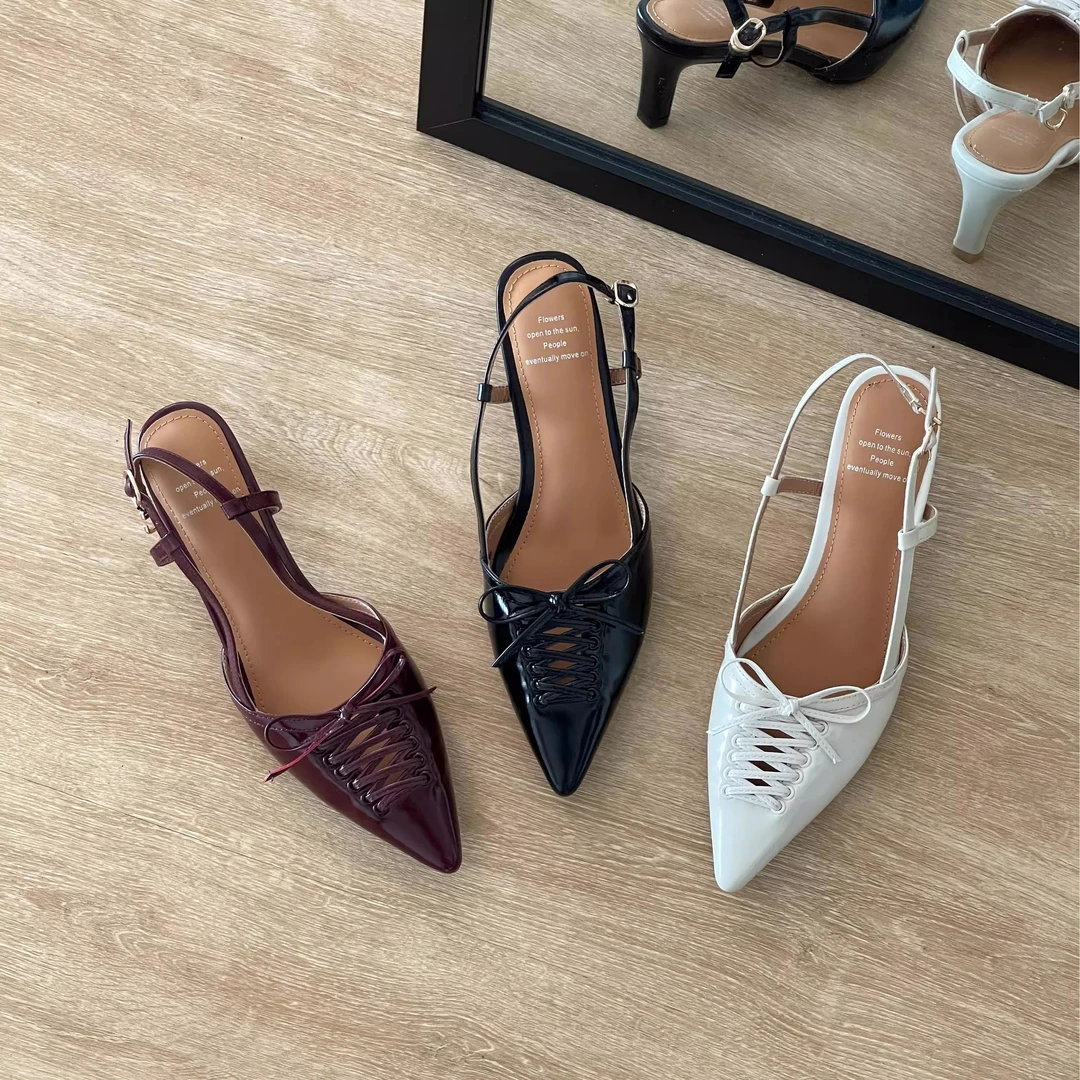 HUSSLOVE 头层马油牛皮·跟高5.5CM·时尚镂空尖头蝴蝶结高跟凉鞋