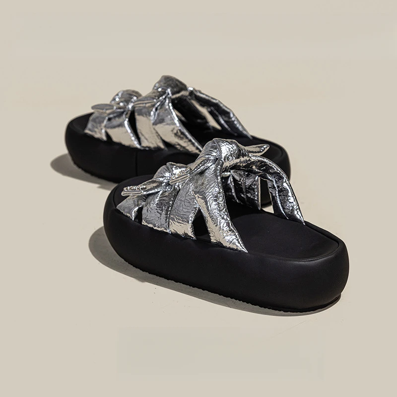 设计感厚底亮银蝴蝶海带结凉拖鞋女外穿夏季新款时尚拖鞋女鞋外穿