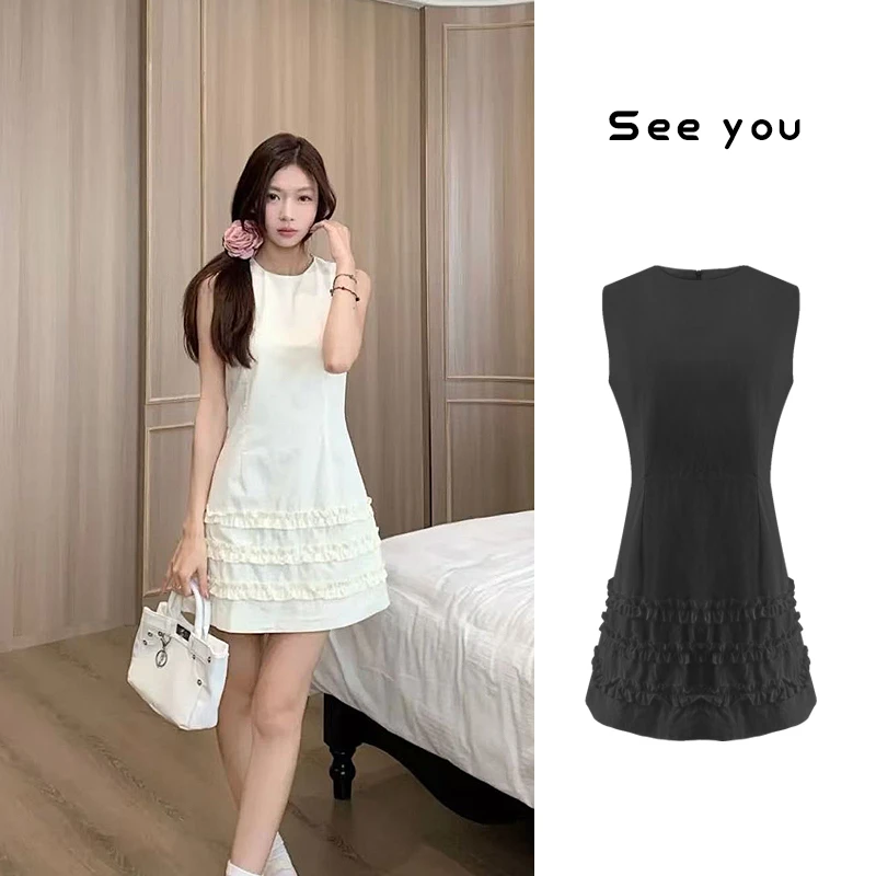 夏季设计感百搭连衣裙纯色下摆木耳边无袖宽松显瘦圆领裙子女B944