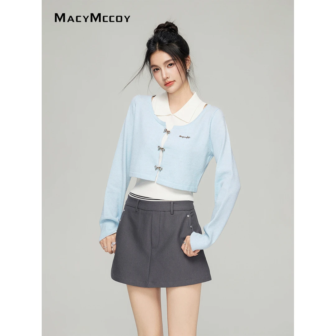 【熊小姐专属】MacyMccoy蝴蝶结针织两件套2025早春设计感翻领上衣