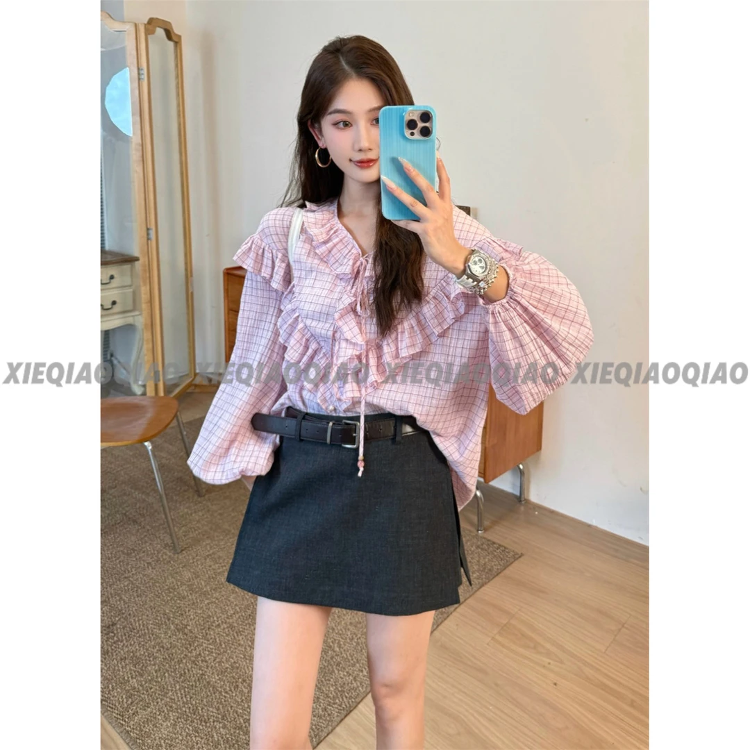 谢荞荞「粉彩轻吟」早秋季新款系带木耳边格子长袖衬衫上衣