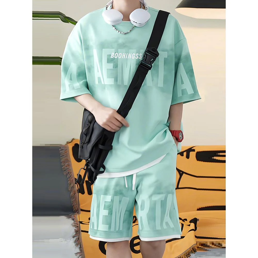 薄荷绿~冰丝薄款夏季休闲运动套装男短袖短裤一整套学生帅气穿搭