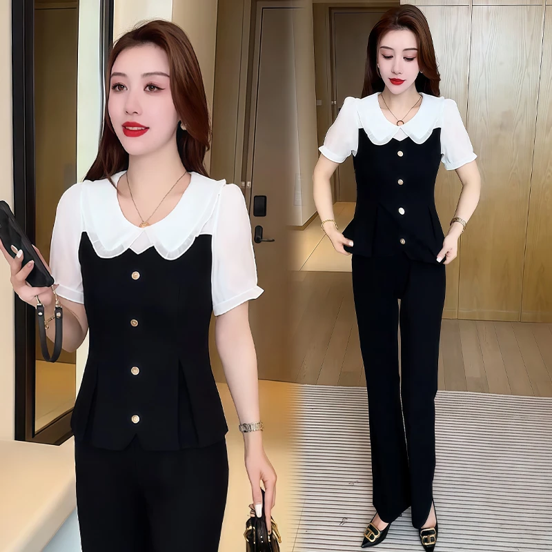 小个子洋气套装女2025年夏季新款撞色收腰上衣直筒阔腿裤两件套潮