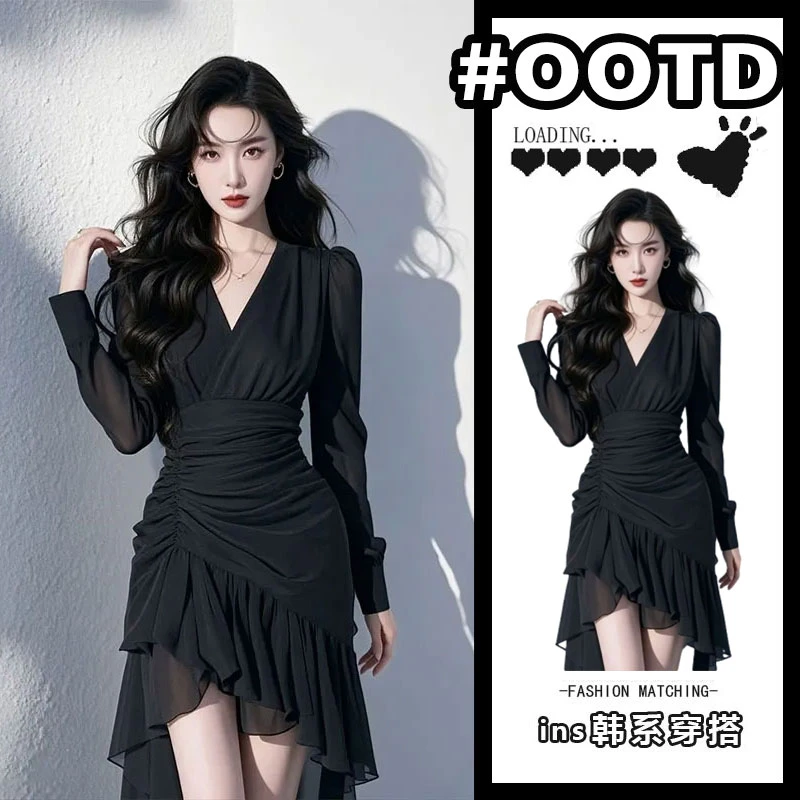 法式绝美气质黑色连衣裙女装2025春季新款优雅千金感雪纺V领裙子