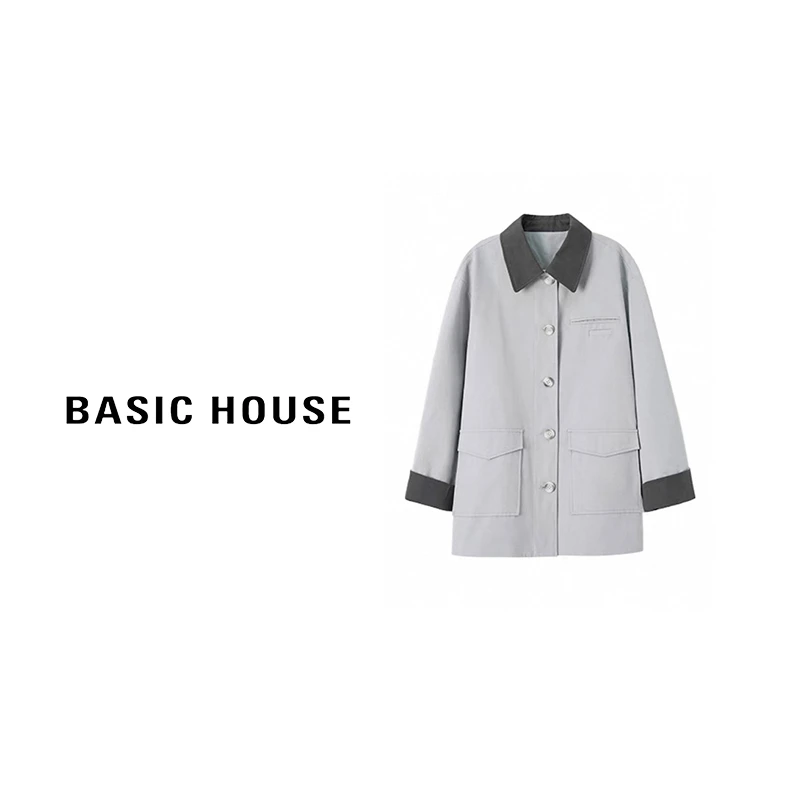 Basic House/百家好2025春季休闲百搭设计师翻领拼接气质女士风衣