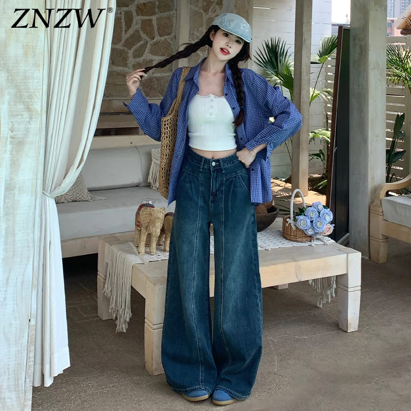 ZNZW高腰阔腿牛仔裤女2025秋季新款皱褶遮胯宽松垂感窄版直筒裤女