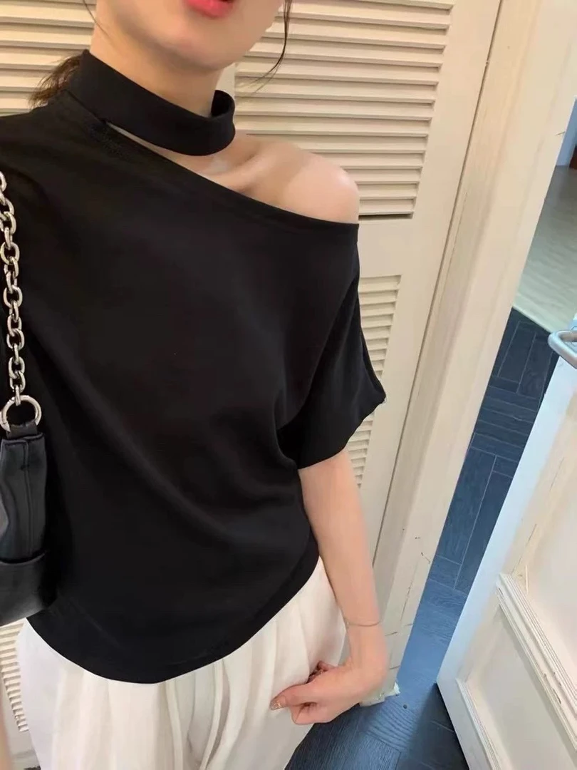 2025春季新款韩系甜辣风一字肩系带T恤女设计感斜肩上衣