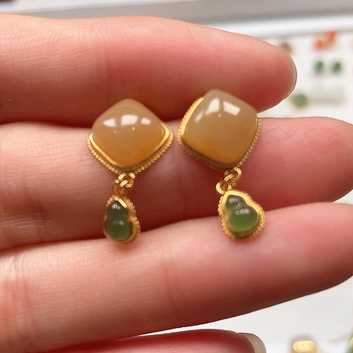 和田玉耳饰银S925镶嵌