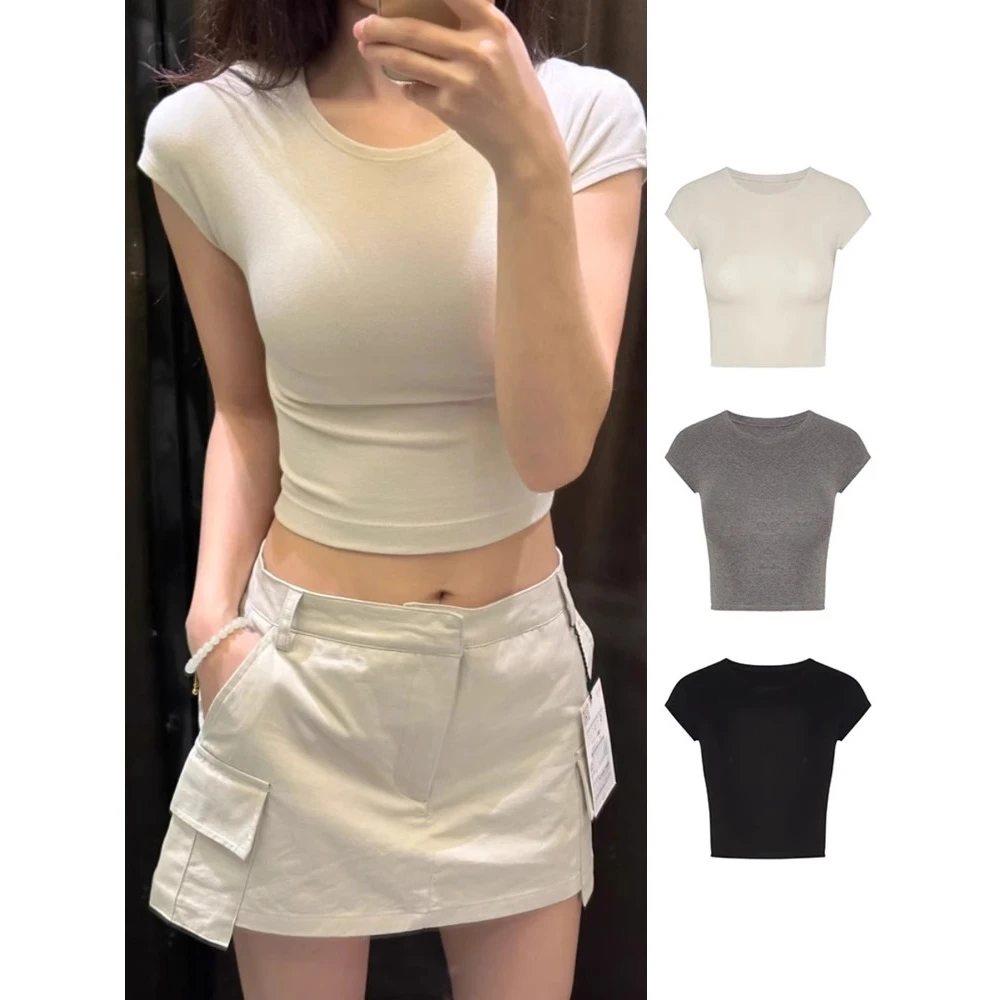 辣妹正肩百搭露脐短袖t恤女装夏季新款纯欲收腰修身显瘦短款上衣