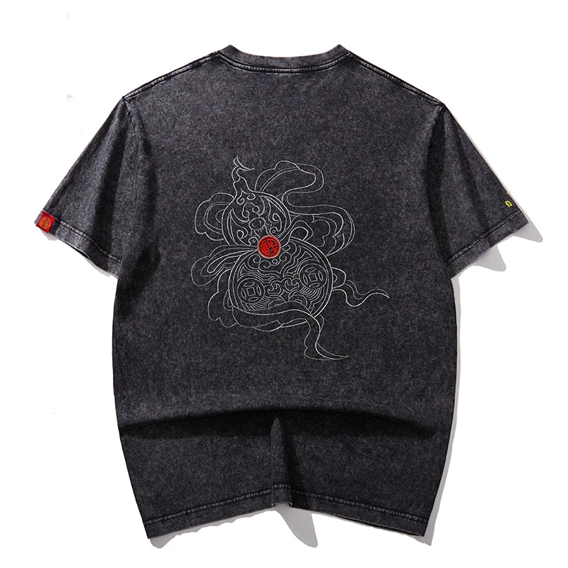 (福禄自来)夏季道家国风葫芦复古做旧水洗纯棉宽松短袖T恤潮