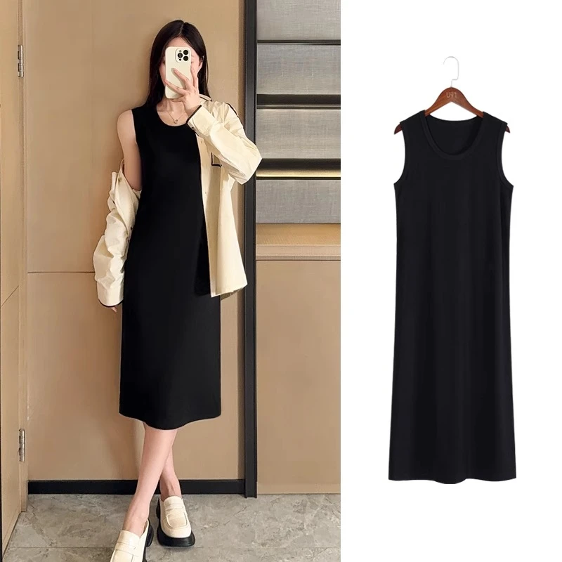胖妹妹收腰连衣裙夏季无袖简约纯色女式连衣裙内搭初恋风背心裙