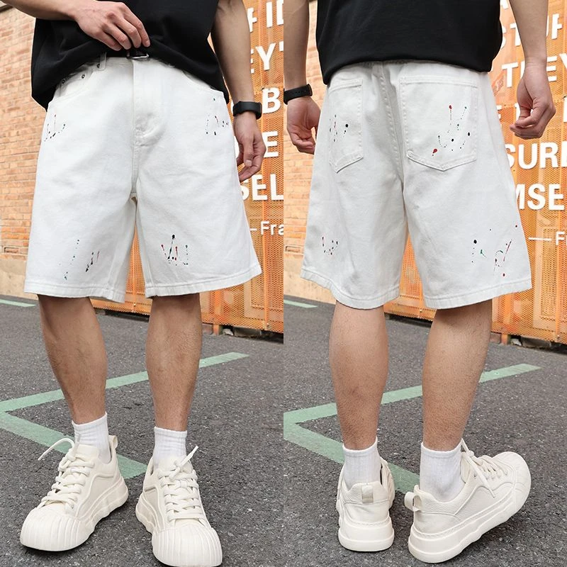 白色泼墨宽松牛仔短裤男美式街头潮牌痞帅阔腿五分裤百搭直筒中裤