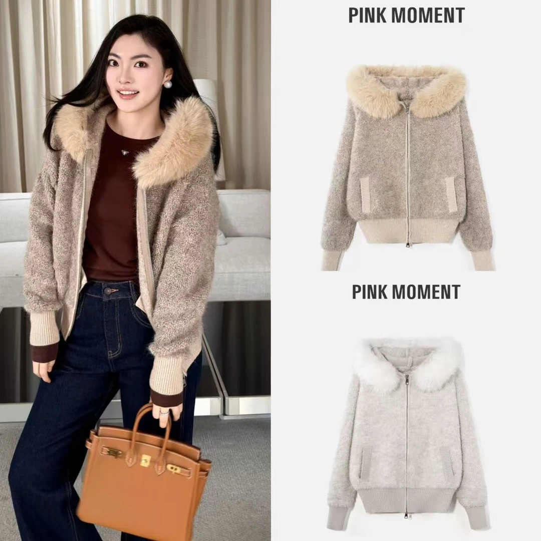 PM王囡囡 米杏/咖色羊毛拉链毛毛领拼接外套 ND1D2205