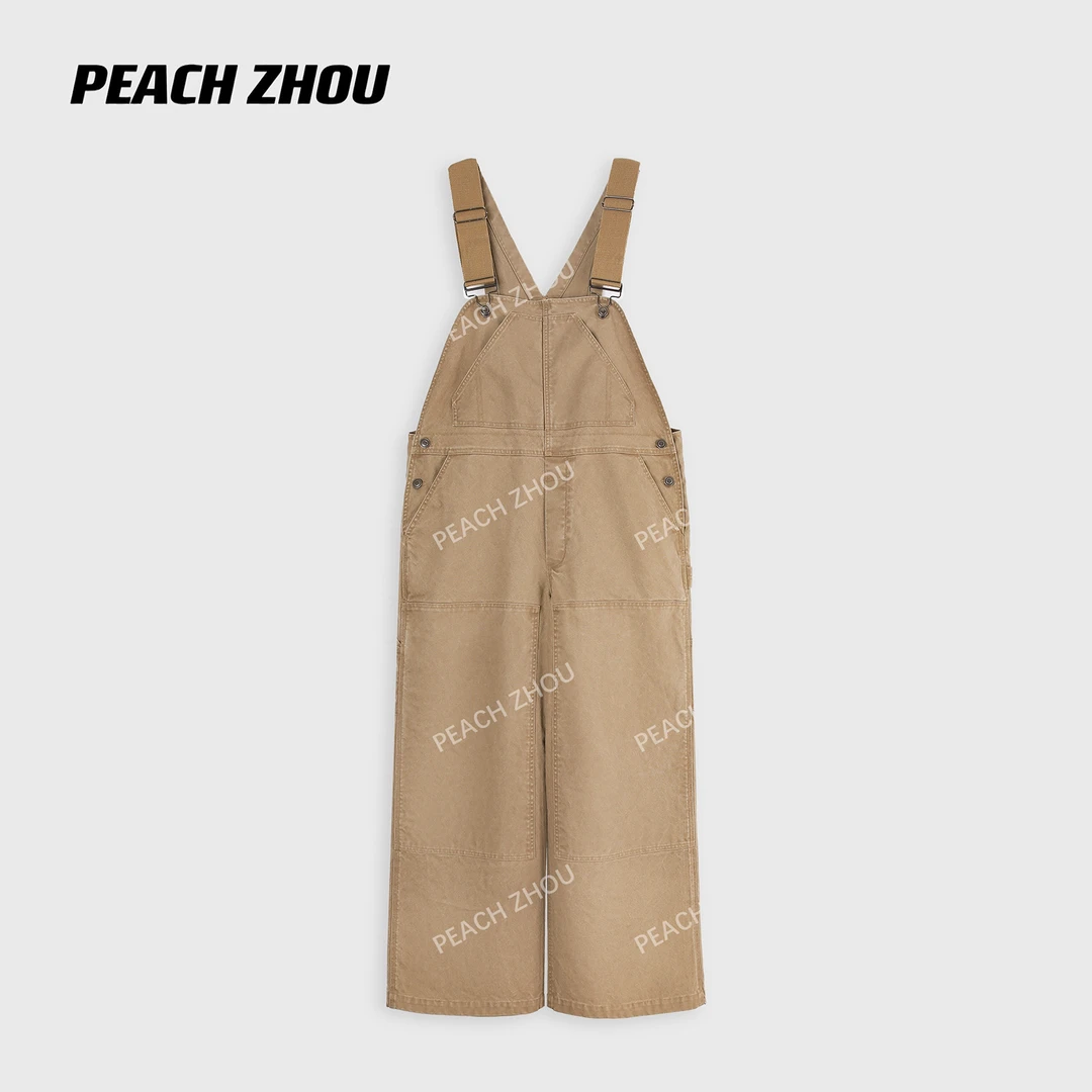 『PEACHZHOU』工装水洗毛边口袋宽松休闲背带裤美式复古阔腿连体裤