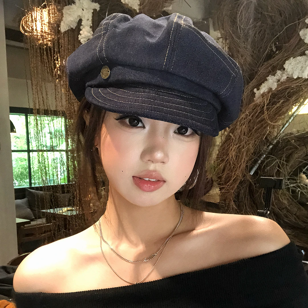 日系复古文艺水洗牛仔贝雷帽女气质休闲大头围显脸小八角画家帽子