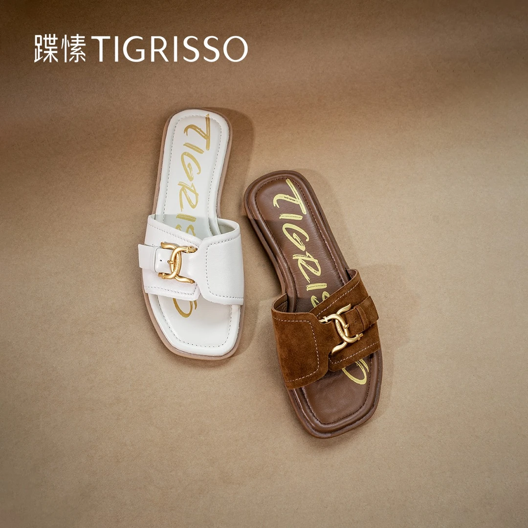 竹夏蹀愫25年新一秒入秋方头羊皮一字凉拖外穿平底拖鞋TA65313-52