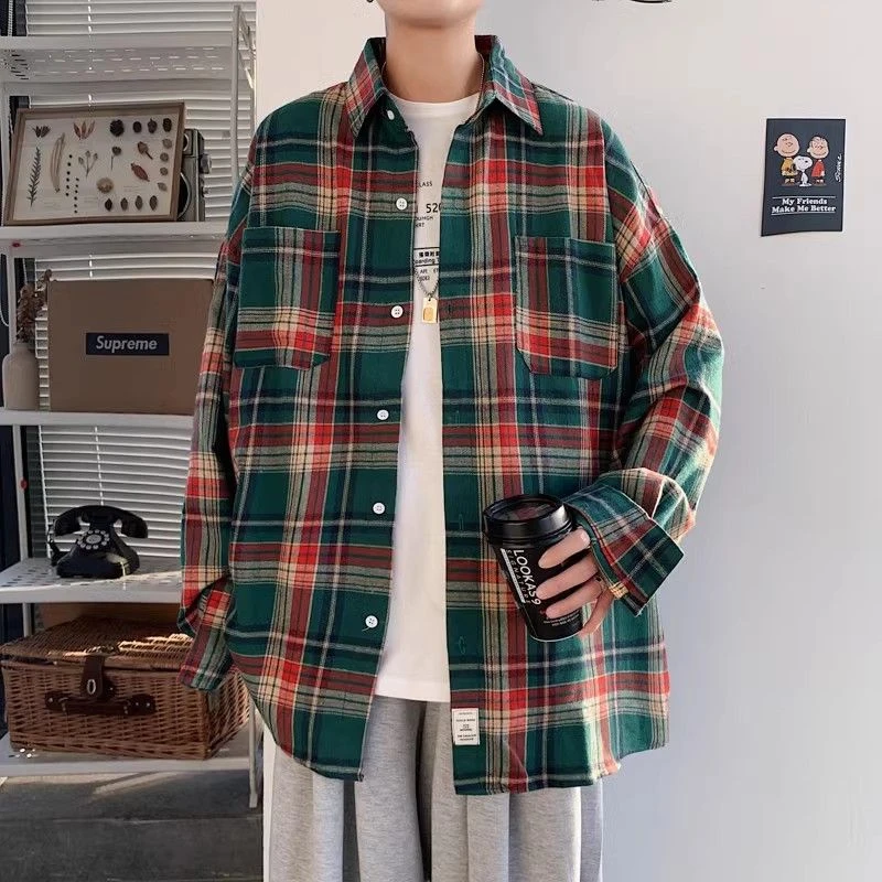 港风复古格子衬衫男长袖高级感工装衬衣外套春秋季青少年上衣服男