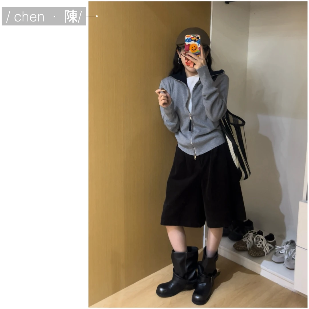 chen·陳秋意 双头拉链  撞色毛针织衫