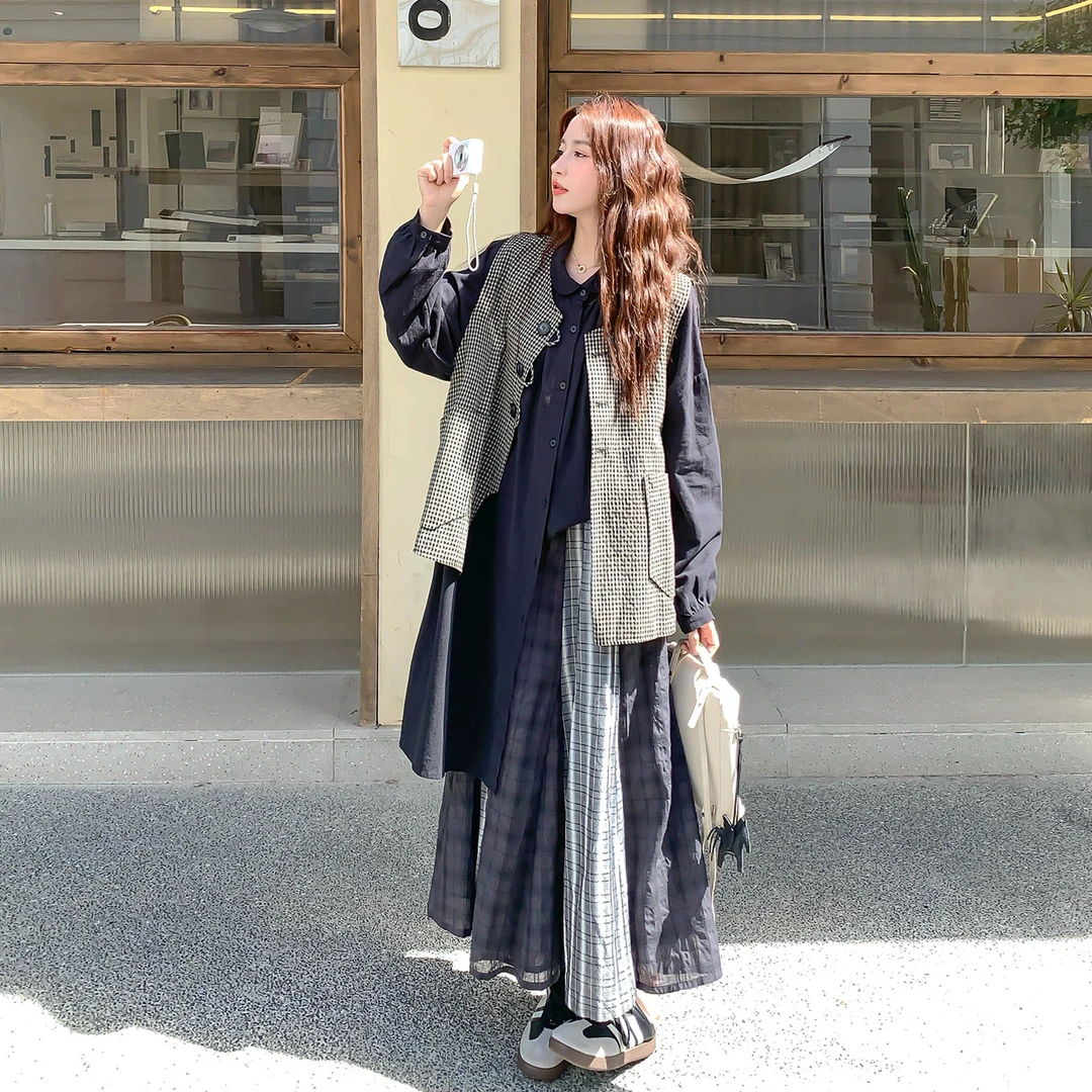 中长款学院风格子复古套装裙女2025秋季新款拼接减龄氛围感三件套