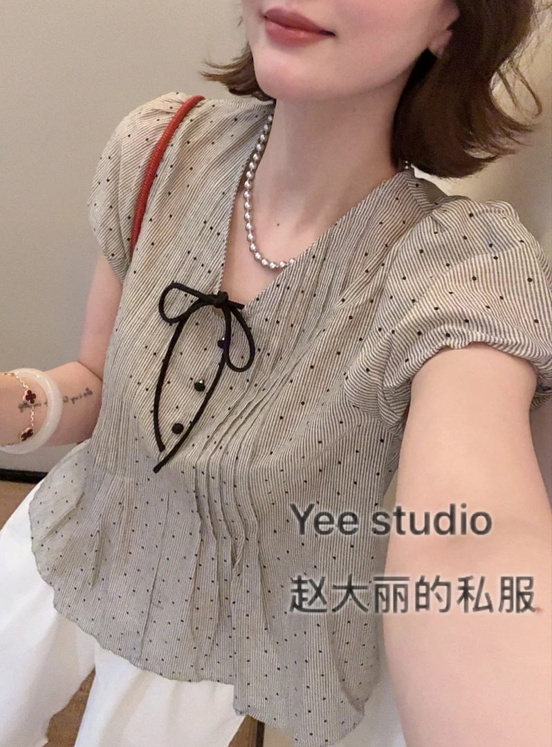 老赵服饰 韩系蝴蝶结绑带V领波点泡泡短袖衬衫上衣21AU3752