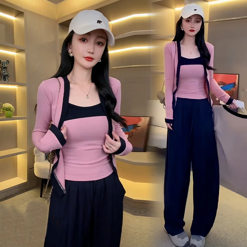 小香风时尚显瘦t恤女2025年春秋新款洋气百搭修身背心开衫两件套