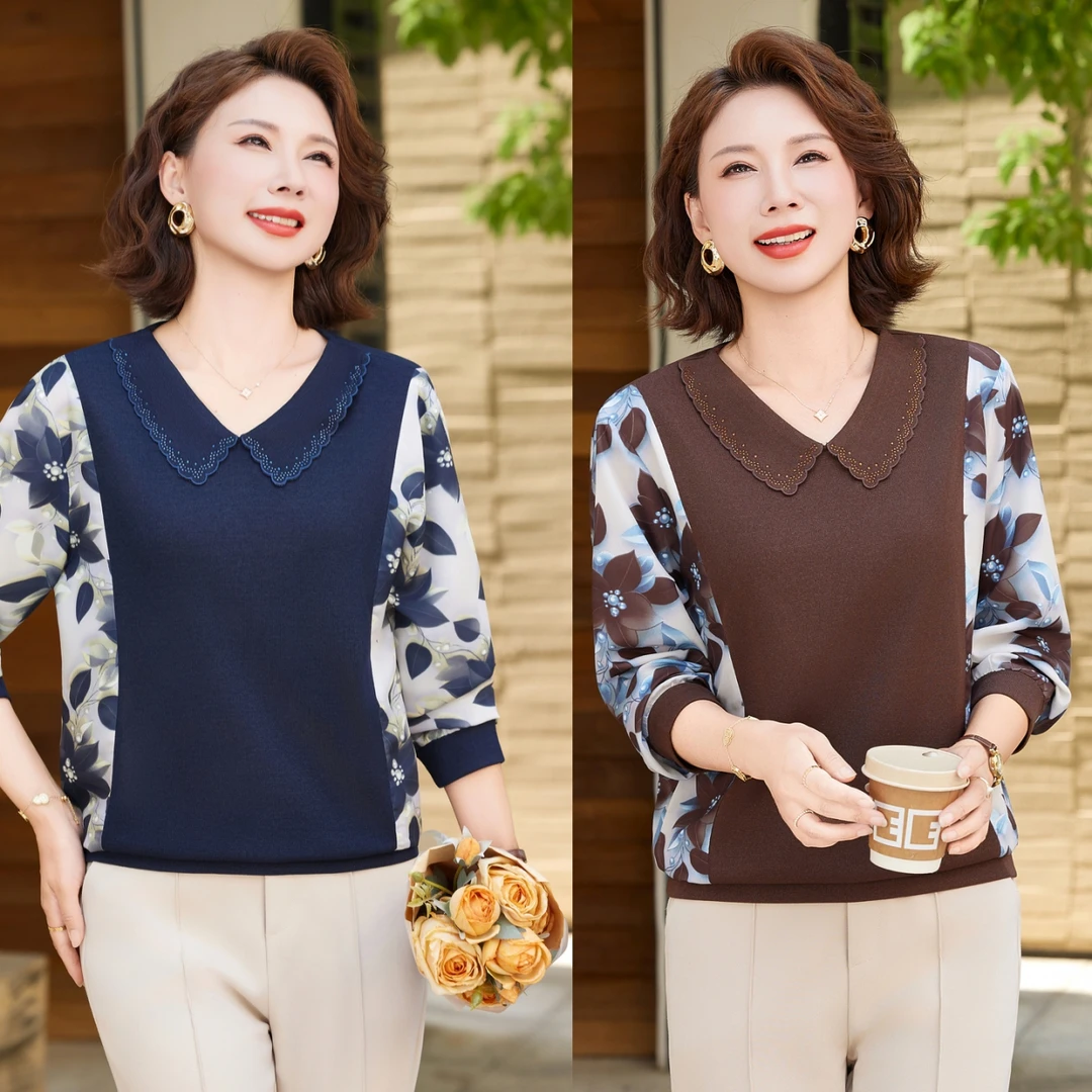 新款中老年春秋季时尚宽松小衫中年妈妈秋装上衣长袖洋气T恤打底