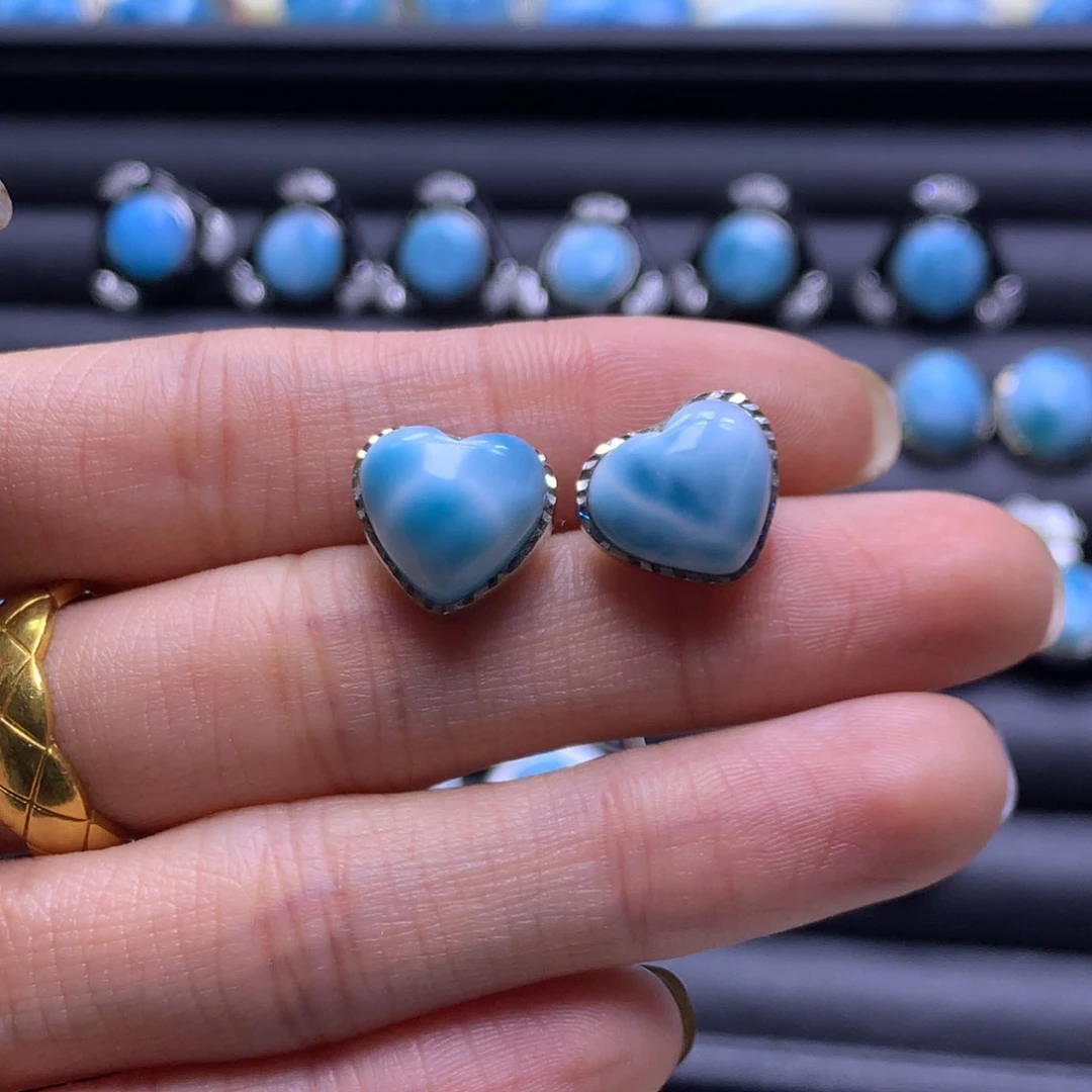 针钠钙石（海纹石）未镶嵌耳饰爱心耳钉色差略异