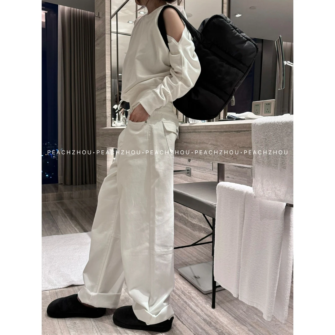 『PEACHZHOU』简约纯色后盖袋宽松直筒牛仔裤通勤休闲百搭阔腿长裤