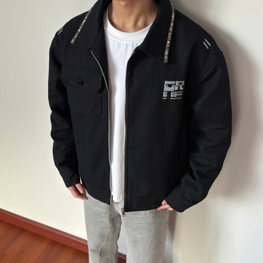 春季新款美式刺绣工装底特律宽松复古百搭夹克外套男士休闲百搭