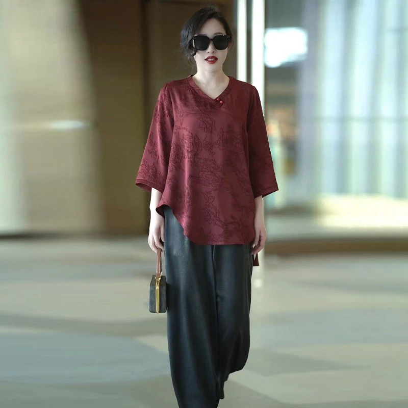 H夏季经典洋气妈妈醋酸真丝V领衬衫2025不对称气质大码上衣阔腿裤