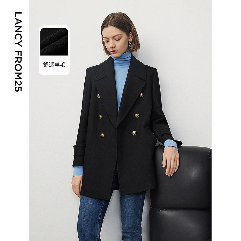 朗姿羊毛法式复古高级感西装领毛呢外套女士冬季通勤气质上衣新款