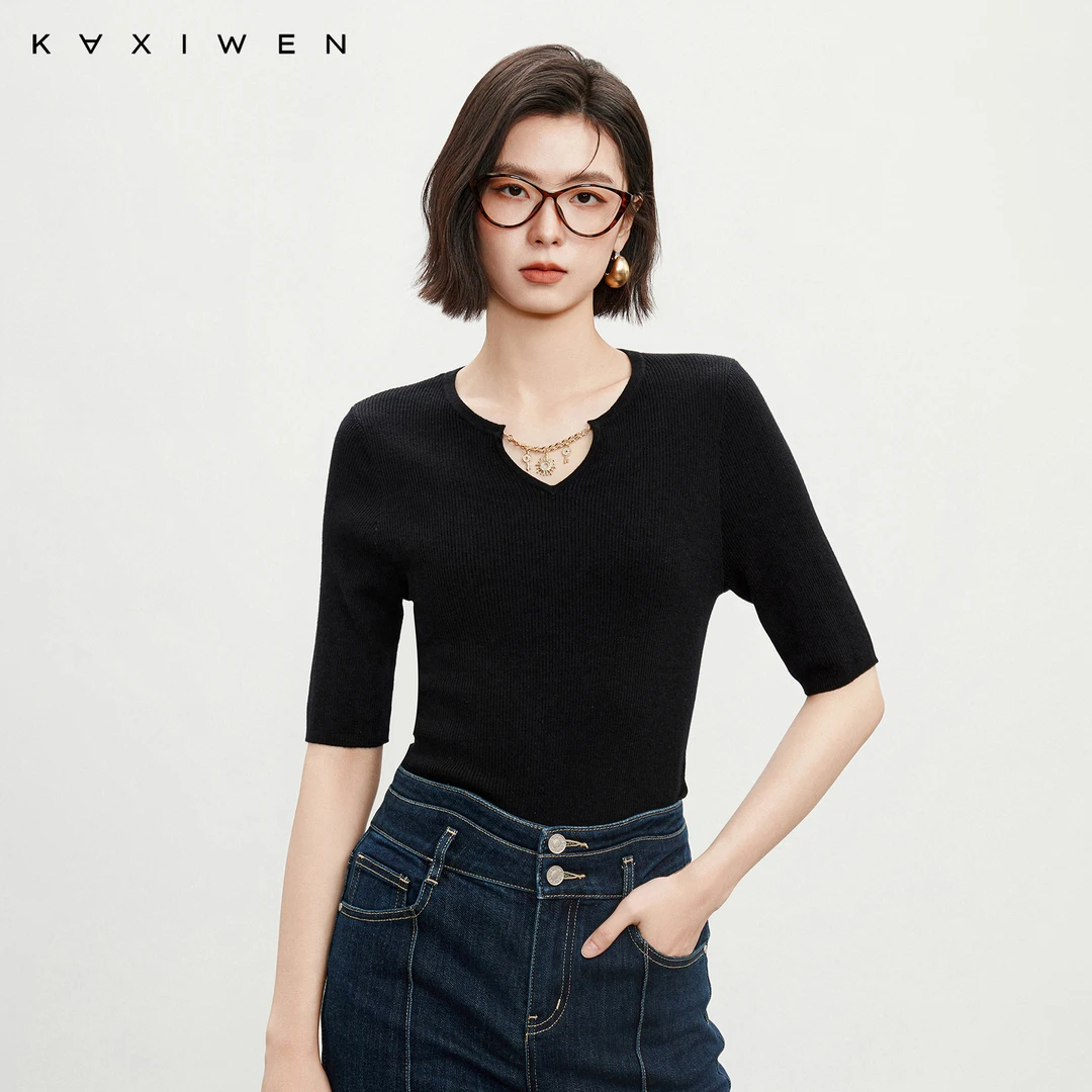 佧茜文100%绵羊毛针织衫【春秋】时髦感链条V领针织上衣X01AZN1532
