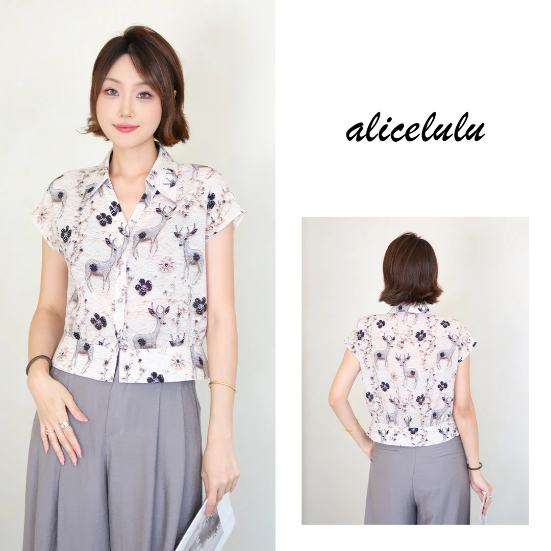 [alicelulu]时尚洋气短袖衬衫印花显瘦减龄休闲S2143828W